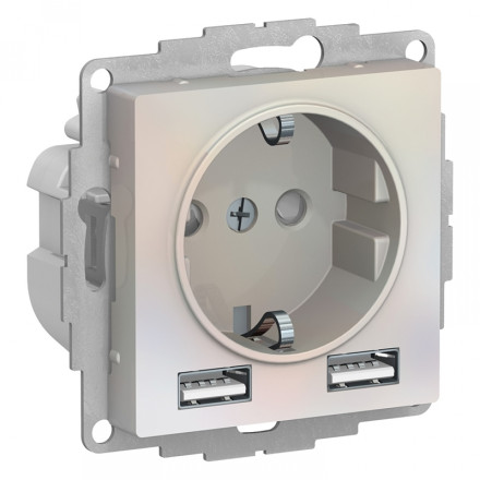 Розетка с USB Schneider Electric ATLASDESIGN, скрытый монтаж, с заземлением, жемчуг