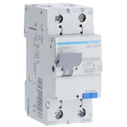 Дифф. автомат Hager / 16A / 30mA / AC-тип / C-хар / 2 пол / 4,5kA / AD866J