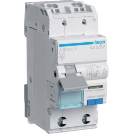 Дифф. автомат Hager / 6A / 30mA / A-тип / C-хар / 2 пол / 6kA / QC / ADS956D