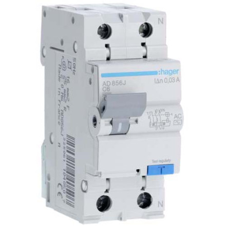 Дифф. автомат Hager / 6A / 30mA / AC-тип / C-хар / 2 пол / 4,5kA / AD856J