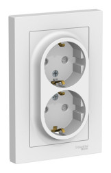 Розетка двухместная с рамкой Schneider Electric ATLASDESIGN, скрытый монтаж, с заземлением, со шторками, винтовые клеммы, белый