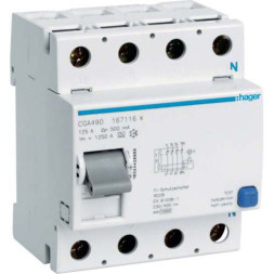 УЗО Hager / 125A / 500mA / A-тип / 4 пол. / CGA490