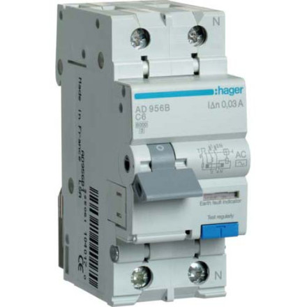 Дифф. автомат Hager / 6A / 30mA / AC-тип / C-хар / 2 пол / 6kA / AD956B