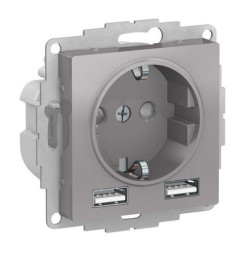 Розетка с 2xUSB Schneider Electric ATLASDESIGN, скрытый монтаж, с заземлением, алюминий, ATN000330