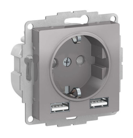 Розетка с 2xUSB Schneider Electric ATLASDESIGN, скрытый монтаж, с заземлением, алюминий, ATN000330