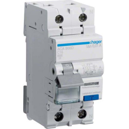 Дифф. автомат Hager / 16A / 10mA / A-тип / C-хар / 2 пол / 6kA / ACA966D