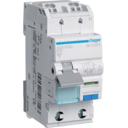 Дифф. автомат Hager / 16A / 30mA / A-тип / B-хар / 2 пол / 6kA / QC / ADS916D