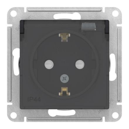 Розетка IP44 Schneider Electric ATLASDESIGN AQUA, скрытый монтаж, с заземлением, с крышкой, со шторками, карбон