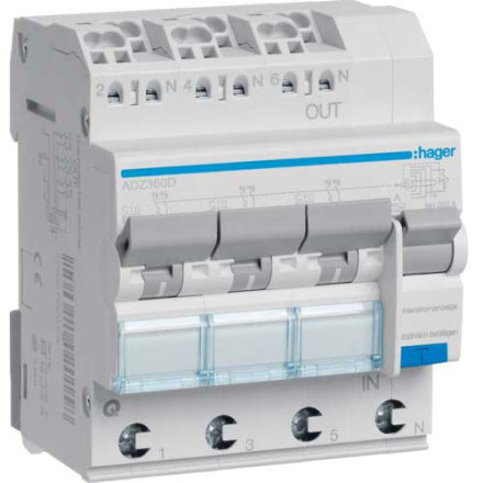 Дифф. автомат Hager / 10A / 30mA / A-тип / C-хар / 3x(1+N пол.) / 6kA / ADZ360D