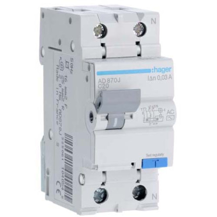 Дифф. автомат Hager / 20A / 30mA / AC-тип / C-хар / 2 пол / 4,5kA / AD870J