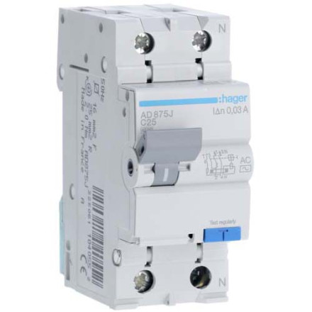 Дифф. автомат Hager / 25A / 30mA / AC-тип / C-хар / 2 пол / 4,5kA / AD875J