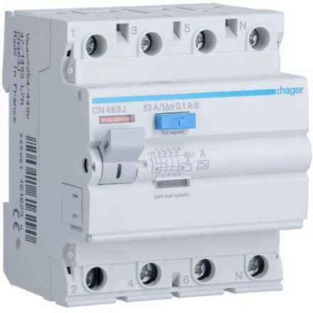 УЗО Hager / селективное / 63A / 100mA / A-тип / 4 пол. / CN463J