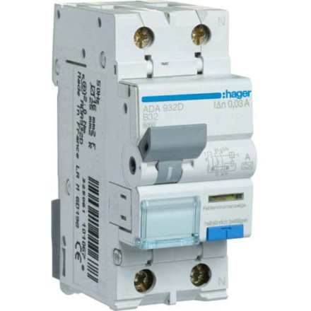 Дифф. автомат Hager / 32A / 30mA / A-тип / B-хар / 2 пол / 6kA / ADA932D