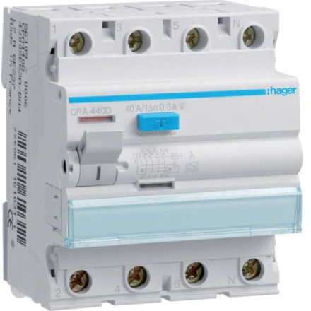 УЗО Hager / селективное / 40A / 300mA / A-тип / 4 пол. / CPA440D
