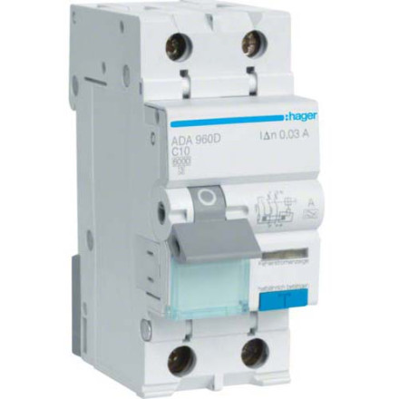 Дифф. автомат Hager / 10A / 30mA / A-тип / C-хар / 2 пол / 6kA / ADA960D