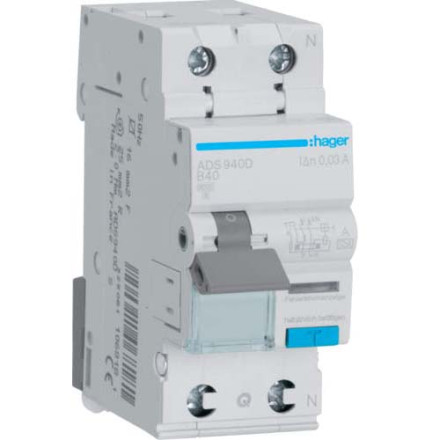 Дифф. автомат Hager / 40A / 30mA / A-тип / B-хар / 2 пол / 6kA / QC / ADS940D