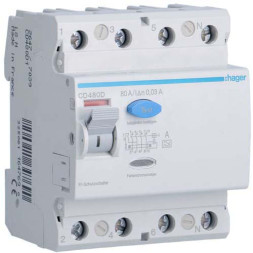 УЗО Hager / 80A / 30mA / A-тип / 4 пол. / CD480D