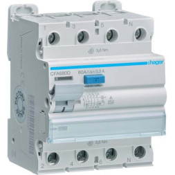 УЗО Hager / 80A / 300mA / A-тип / 4 пол. / CFA680D