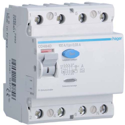 УЗО Hager / 100A / 30mA / A-тип / 4 пол. / CD484D