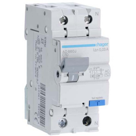 Дифф. автомат Hager / 10A / 30mA / AC-тип / C-хар / 2 пол / 4,5kA / AD860J