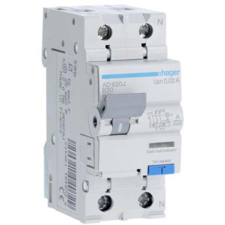 Дифф. автомат Hager / 20A / 30mA / A-тип / B-хар / 2 пол / 6kA / AD920J