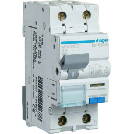 Дифф. автомат Hager / 40A / 30mA / A-тип / B-хар / 2 пол / 6kA / ADA940D