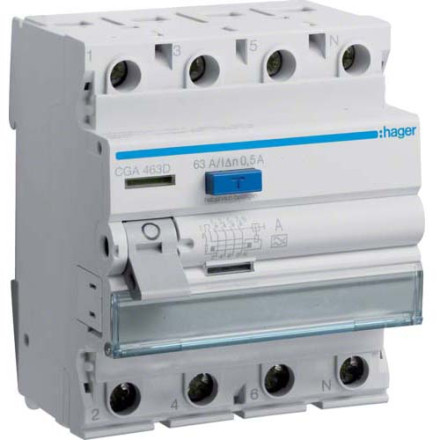 УЗО Hager / 63A / 500mA / A-тип / 4 пол. / CGA463D