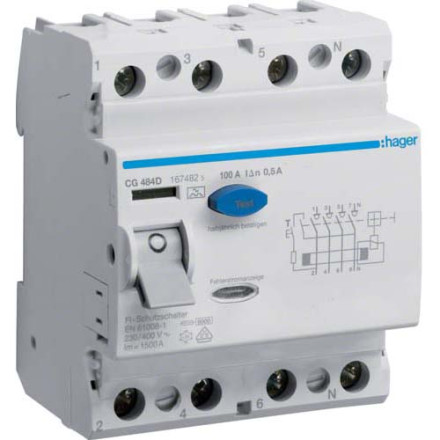 УЗО Hager / 100A / 500mA / A-тип / 4 пол. / CG484D