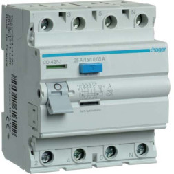 УЗО Hager / 25A / 30mA / A-тип / 4 пол. / CD425J