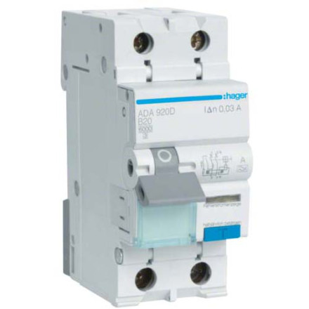 Дифф. автомат Hager / 20A / 30mA / A-тип / B-хар / 2 пол / 6kA / ADA920D