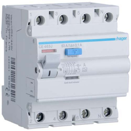 УЗО Hager / 63A / 100mA / A-тип / 4 пол. / CE463J