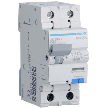 Дифф. автомат Hager / 40A / 30mA / AC-тип / C-хар / 2 пол / 6kA / AD990B